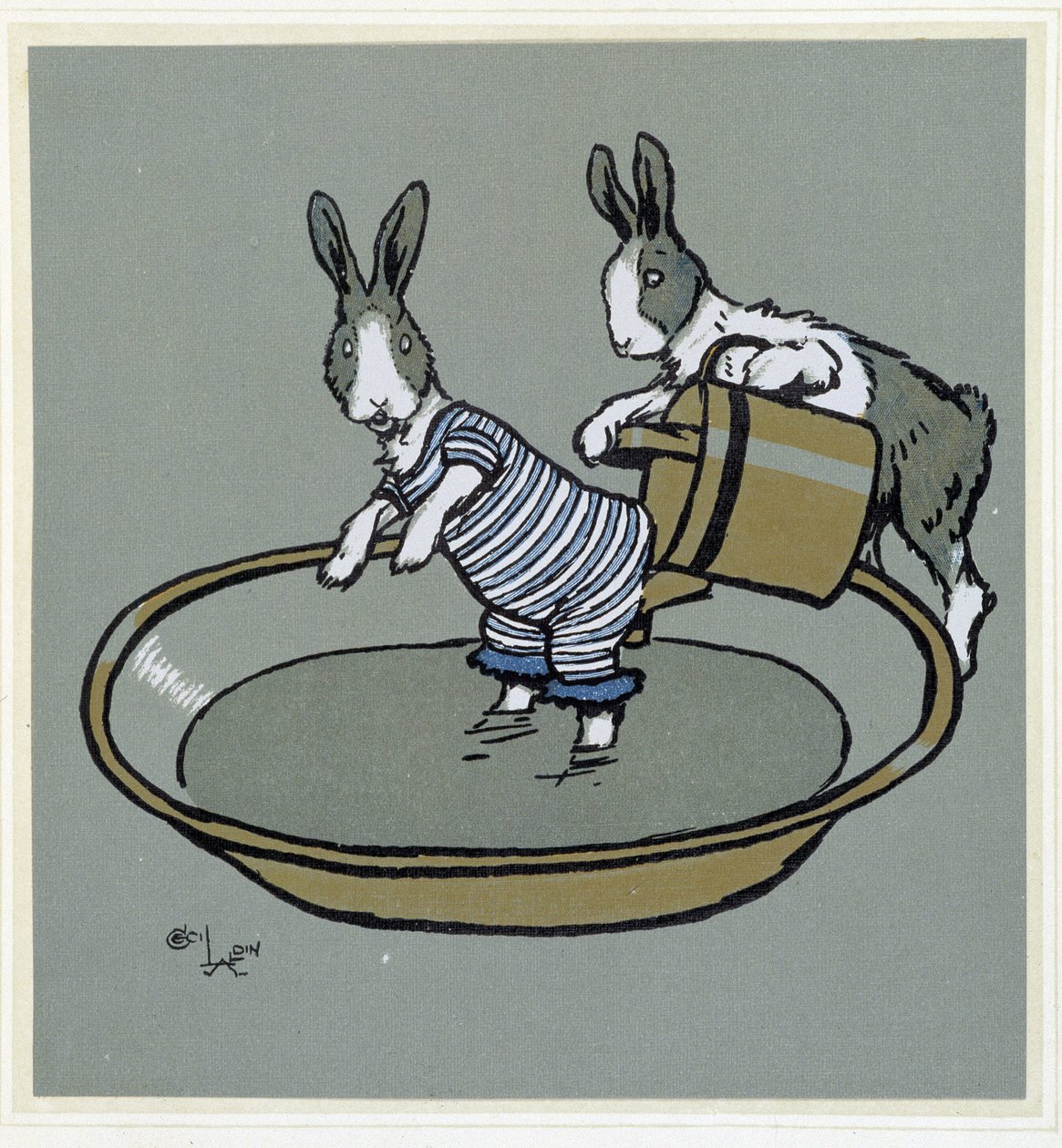 Lapins prenant un bain - dans « Merry Party », ill. par Cécil Aldin, éd. Hodder & Stoughton, Londres - Cecil Charles Windsor Aldin