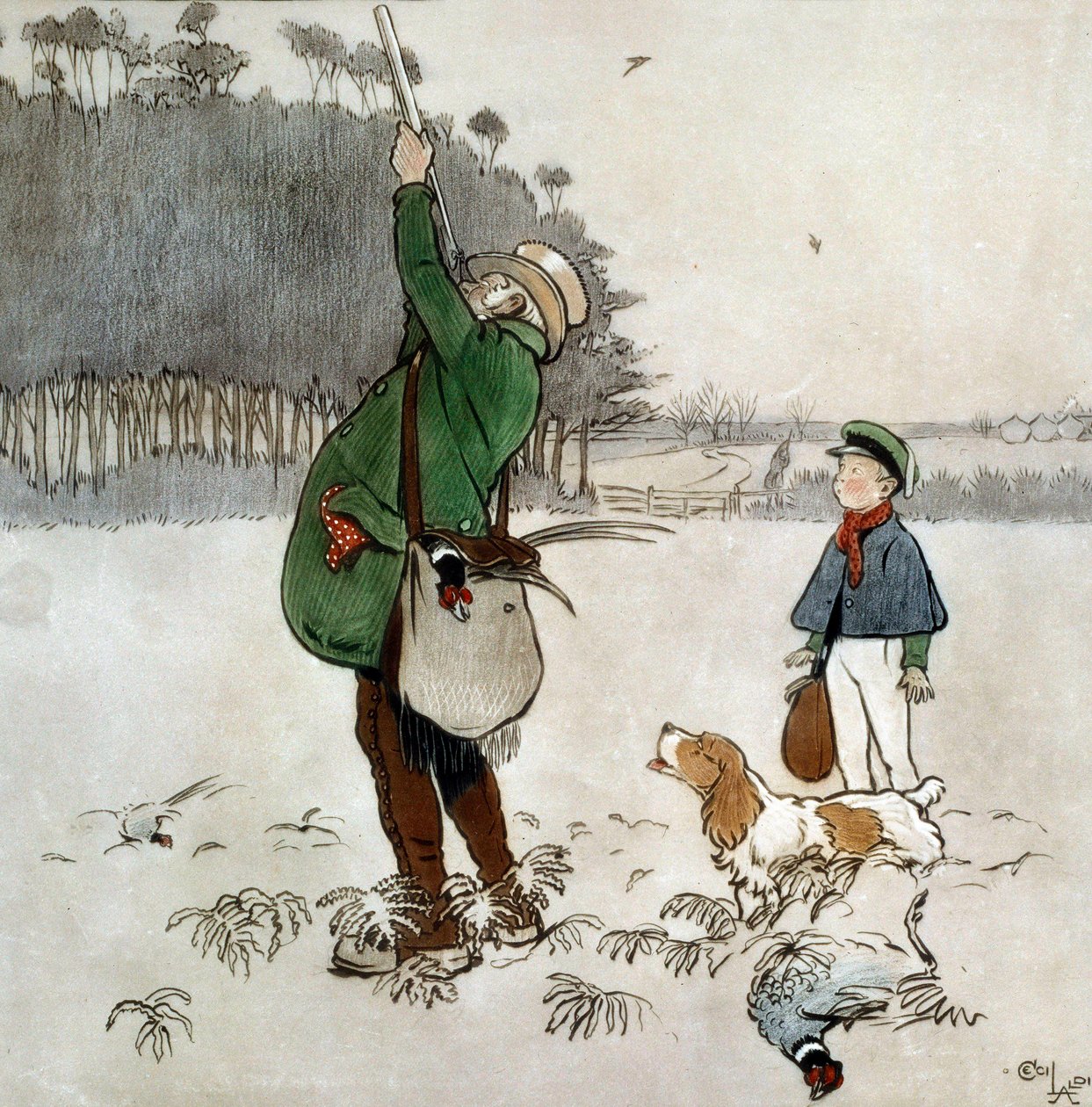 Le chasseur tirant sur des canards - Cecil Charles Windsor Aldin