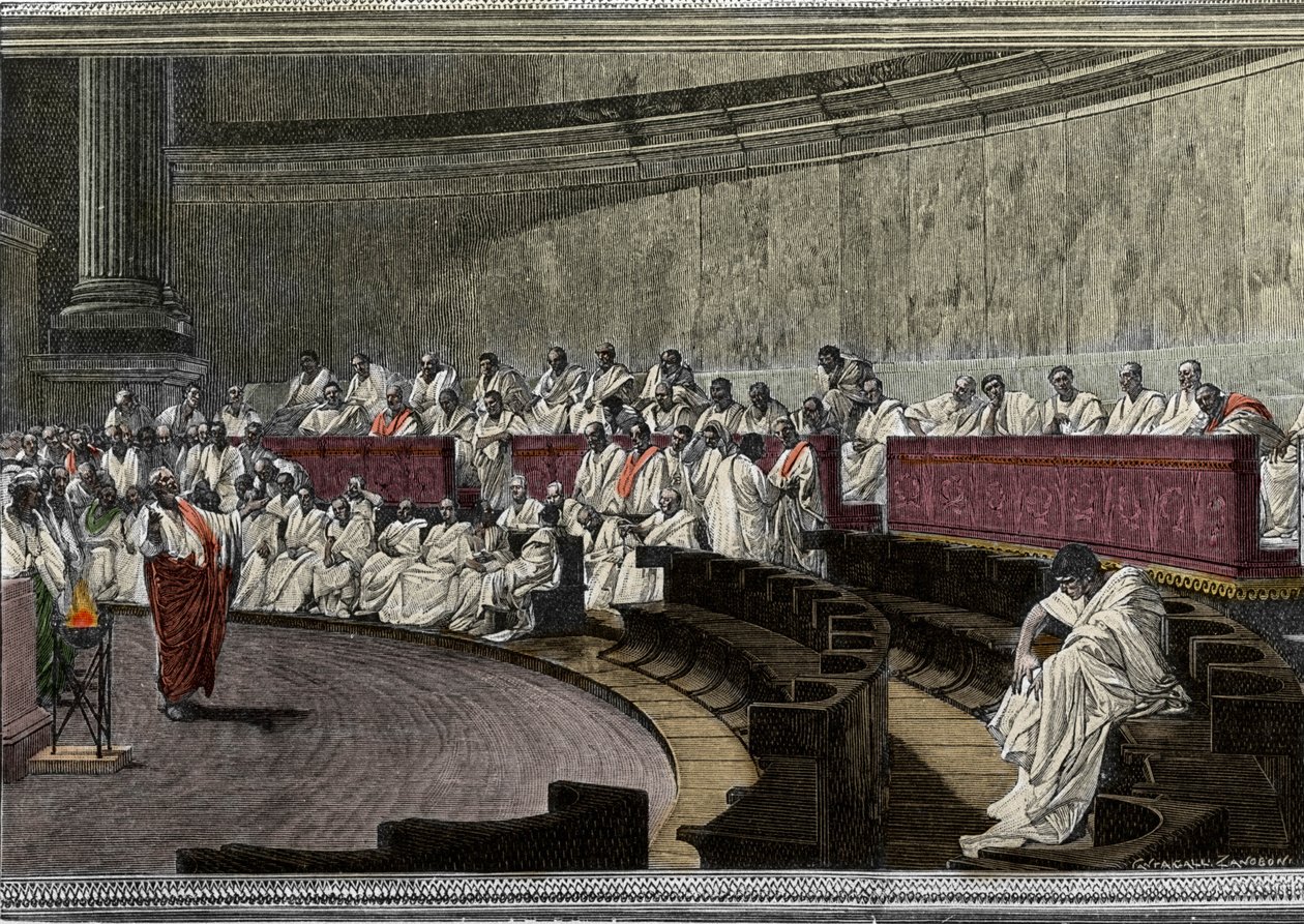 Cicéron dénonce le conspirateur Catilina (Lucius Sergius Catilina) (108-62 av. J.-C.) le 8 novembre 63 av. J.-C. La scène se déroule à Rome au Sénat, gravée d