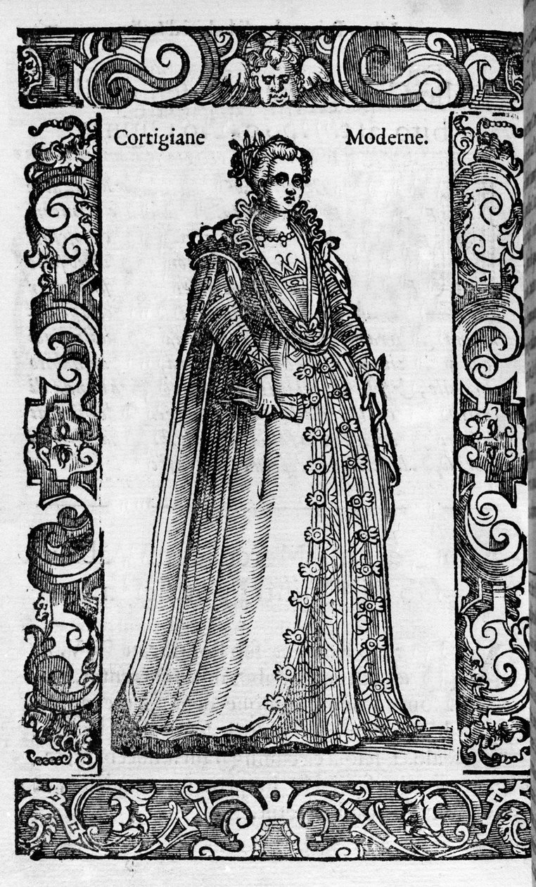 Renaissance : une courtisane romaine au 16ème siècle. Gravure de "Costumes modernes et anciens" de Cesare Vecellio - Cesare (attr. to) Vecellio