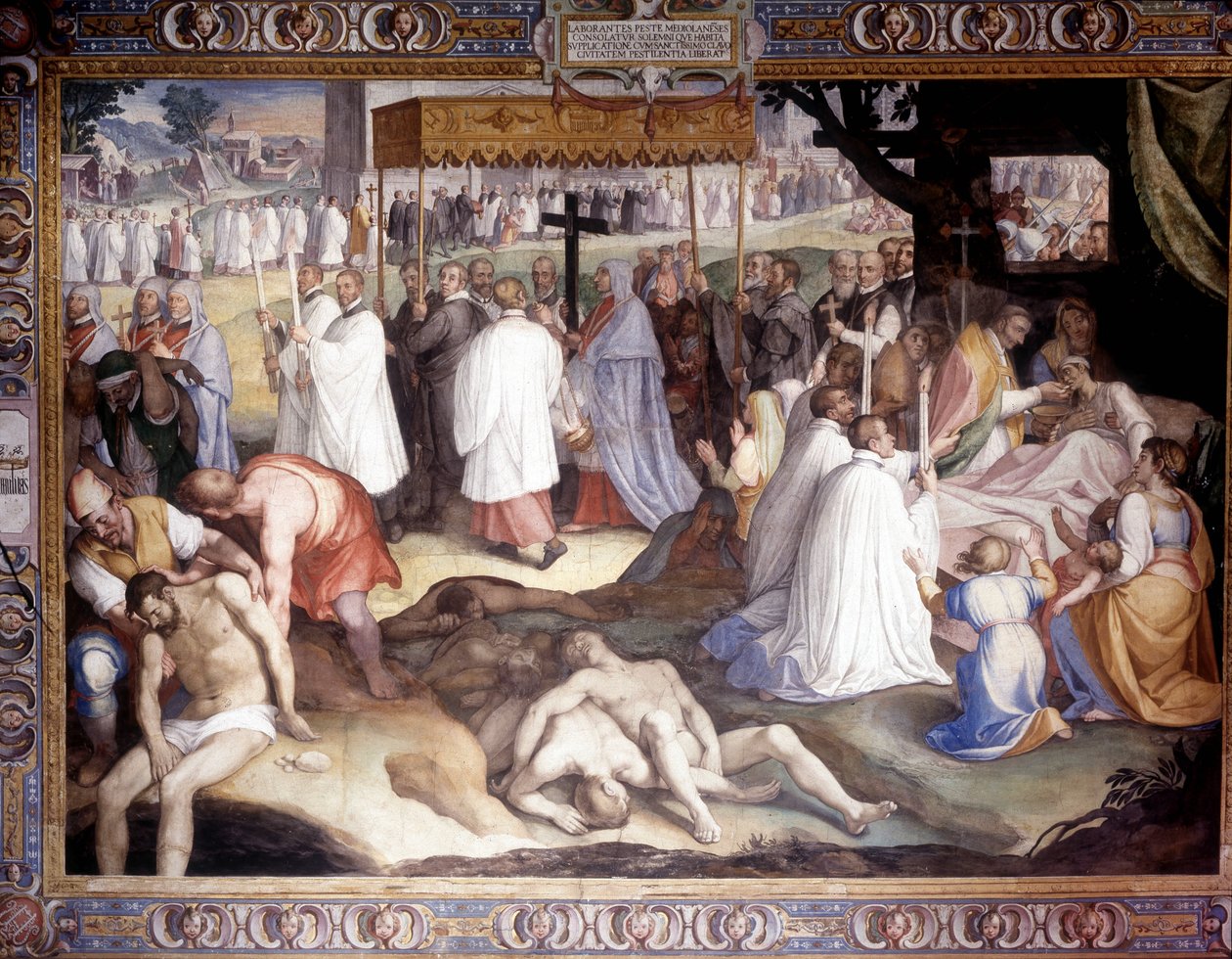 Peste de Milan : Saint Charles Borromée (San Carlo Borromeo) (1538 - 1584) communie les mourants. Fresque de Carlo Nebbia au Collège Borromée à Pavie. 16ème siècle - Cesare Nebbia