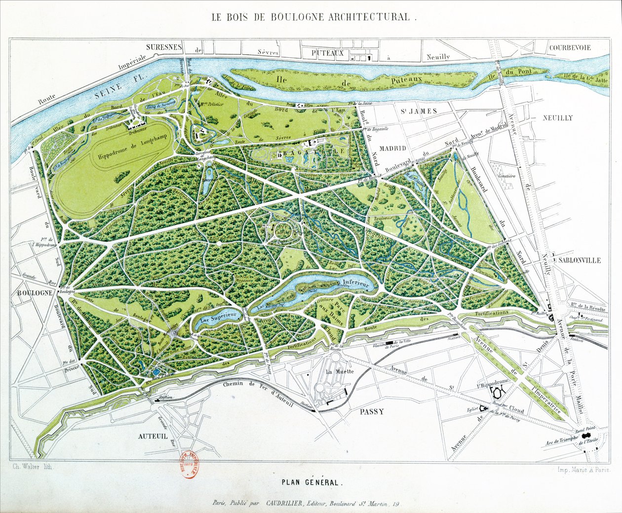 Plan du Bois de Boulogne à Paris, publié par Caudrilier, 1860 - Ch. Walter