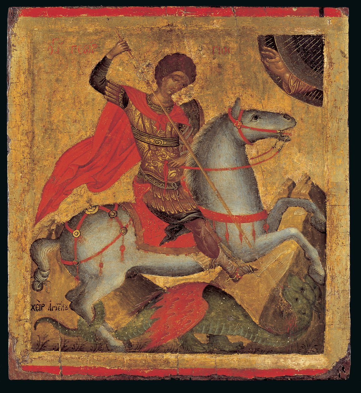 Icône de Saint Georges à cheval, terrassant le dragon - Chanter Angelos Akotandos