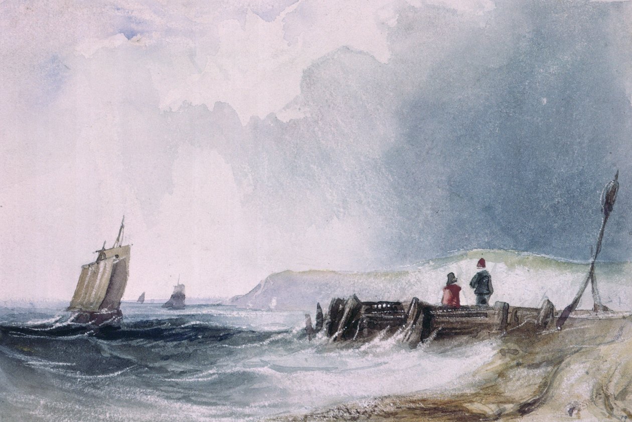 Scène côtière, avec bateaux et jetée en bois - Charles Bentley