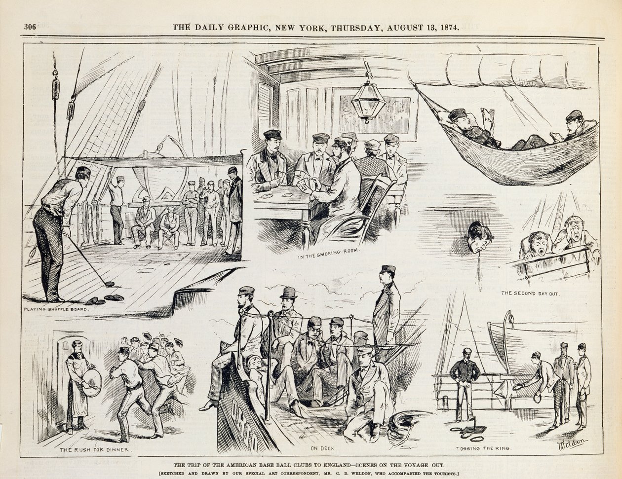 Le voyage des clubs de baseball américains en Angleterre (Le voyage aller) publié dans The New York Daily Graphic, 1874 - Charles Weld