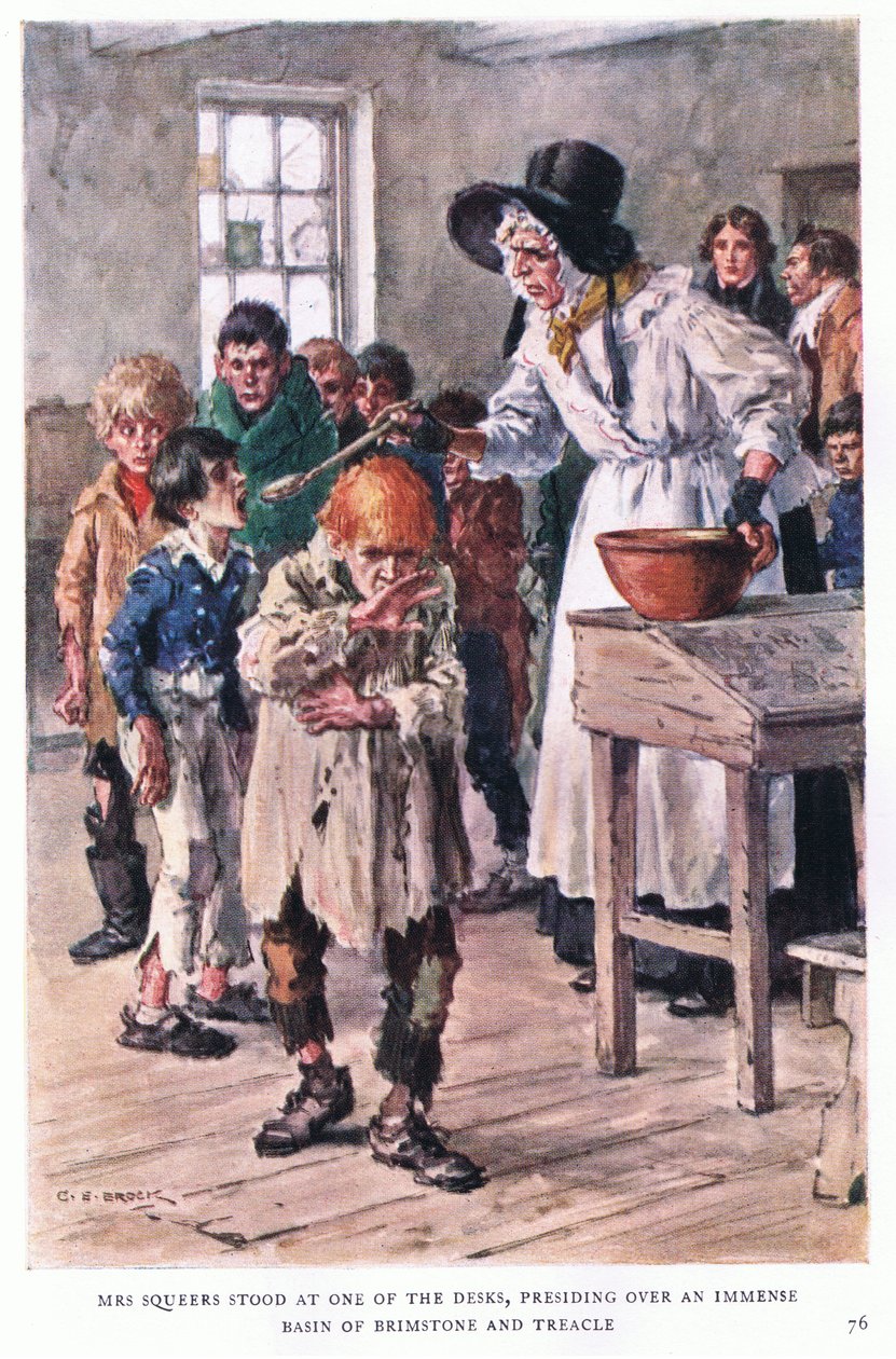 Mme Squeers se tenait à une extrémité des bureaux, présidant une immense bassine de soufre et de mélasse - Charles Edmund Brock