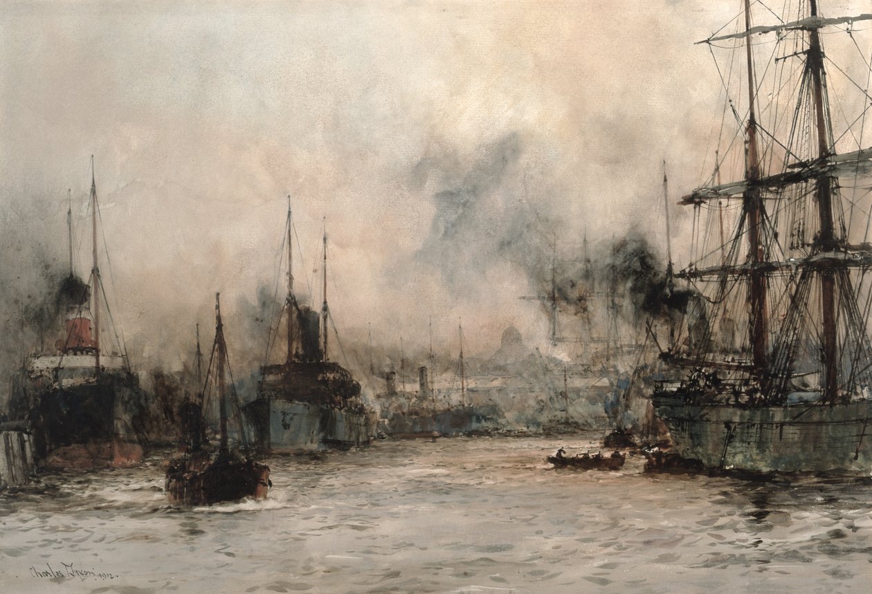 Navires dans le bassin avec la cathédrale Saint-Paul en arrière-plan, 1912 - Charles Edward Dixon