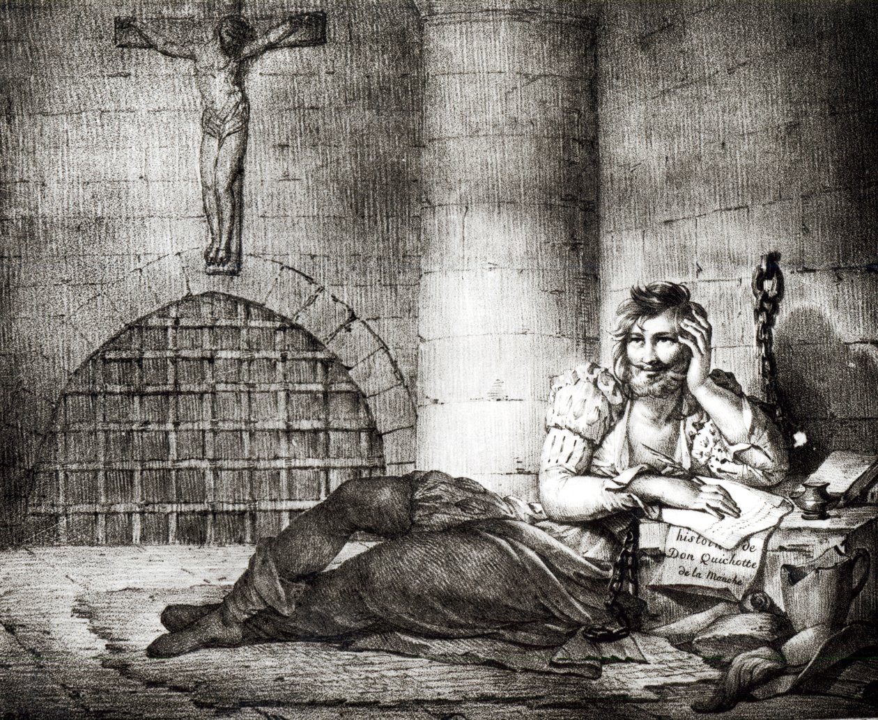 Miguel de Cervantes Saavedra (1547-1616) écrivant 