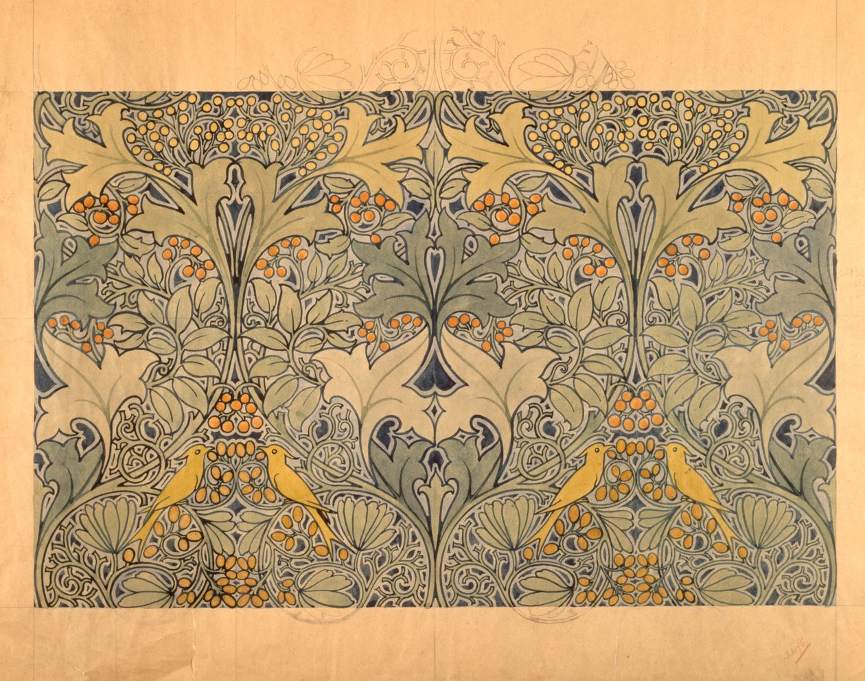 Motif textile avec oiseaux, baies et feuillage - Charles Francis Annesley Voysey
