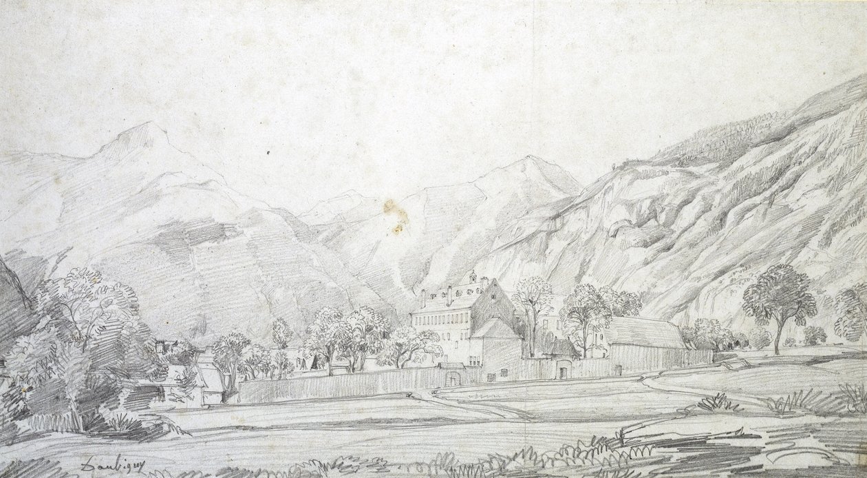 Vue de bâtiments dans une enceinte murée avec des montagnes en arrière-plan (graphite sur papier vélin blanc) - Charles Francois Daubigny