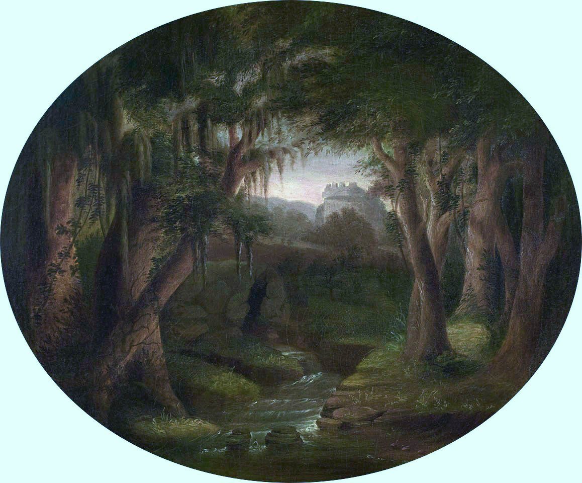 Paysage sans titre avec arbres moussus et ruines lointaines - Charles Fraser