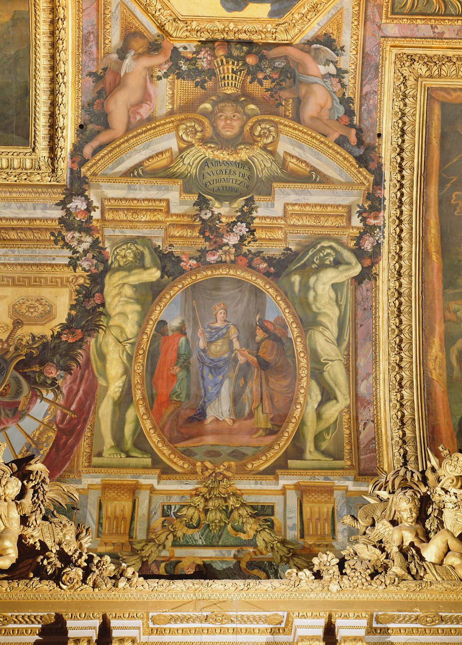Ambassadeurs arrivant de tous les coins du monde, peinture au plafond de la Galerie des Glaces - Charles Le Brun