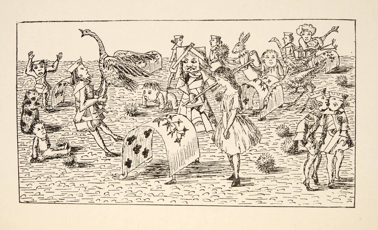 Alice et la Reine Rouge jouant au croquet, illustration des Aventures d