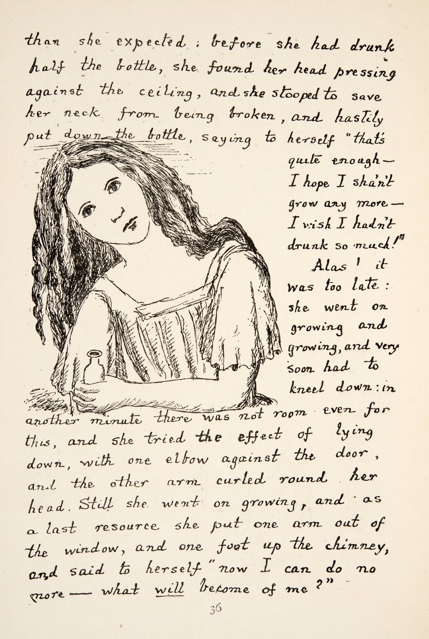 Alice commence à grandir après avoir bu à la petite bouteille, illustration des Aventures d