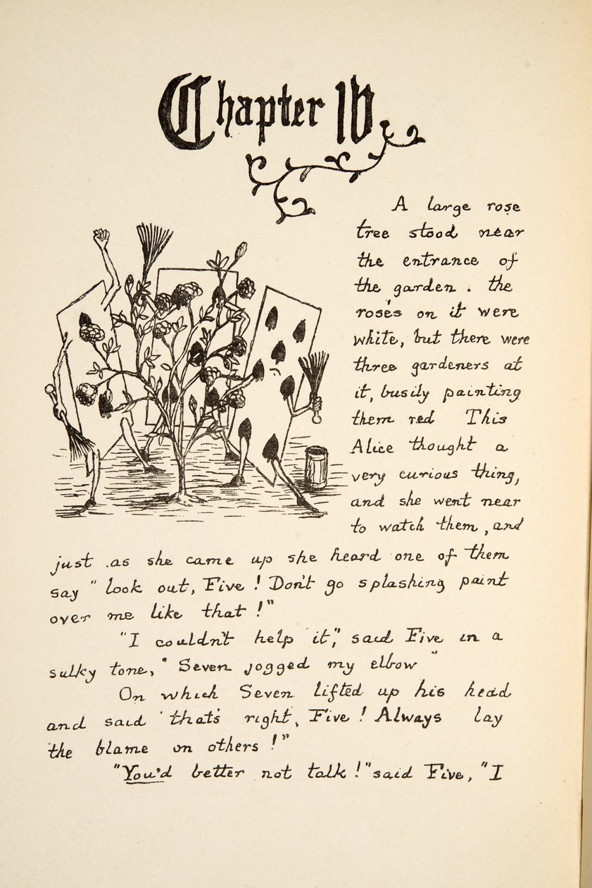 Les cartes à jouer peignant la rose blanche en rouge, illustration des Aventures d