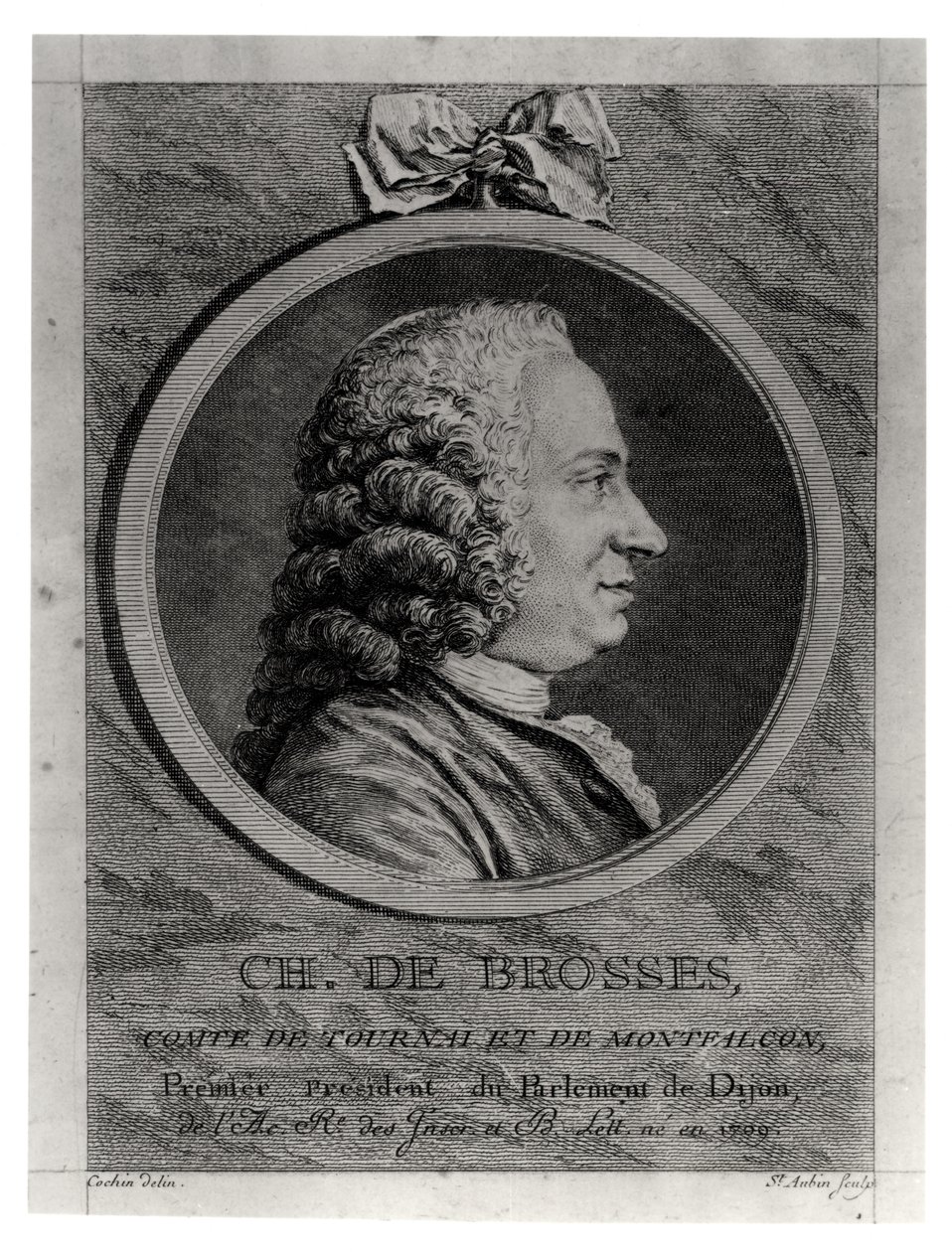 Charles de Brosses (1709-77), comte de Tournai et Montfaucon, gravé par Augustin de Saint-Aubin (1736-1807) - Charles Nicolas II Cochin