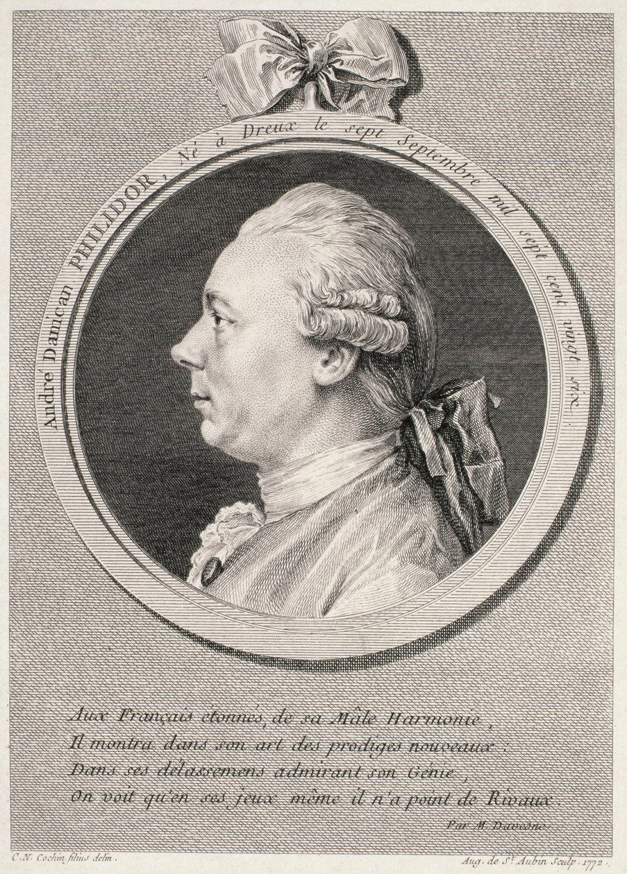 Portrait de François-André-Danican Philidor (1726-95) gravé par Augustus de Saint-Aubin, 1772 - Charles Nicolas II Cochin