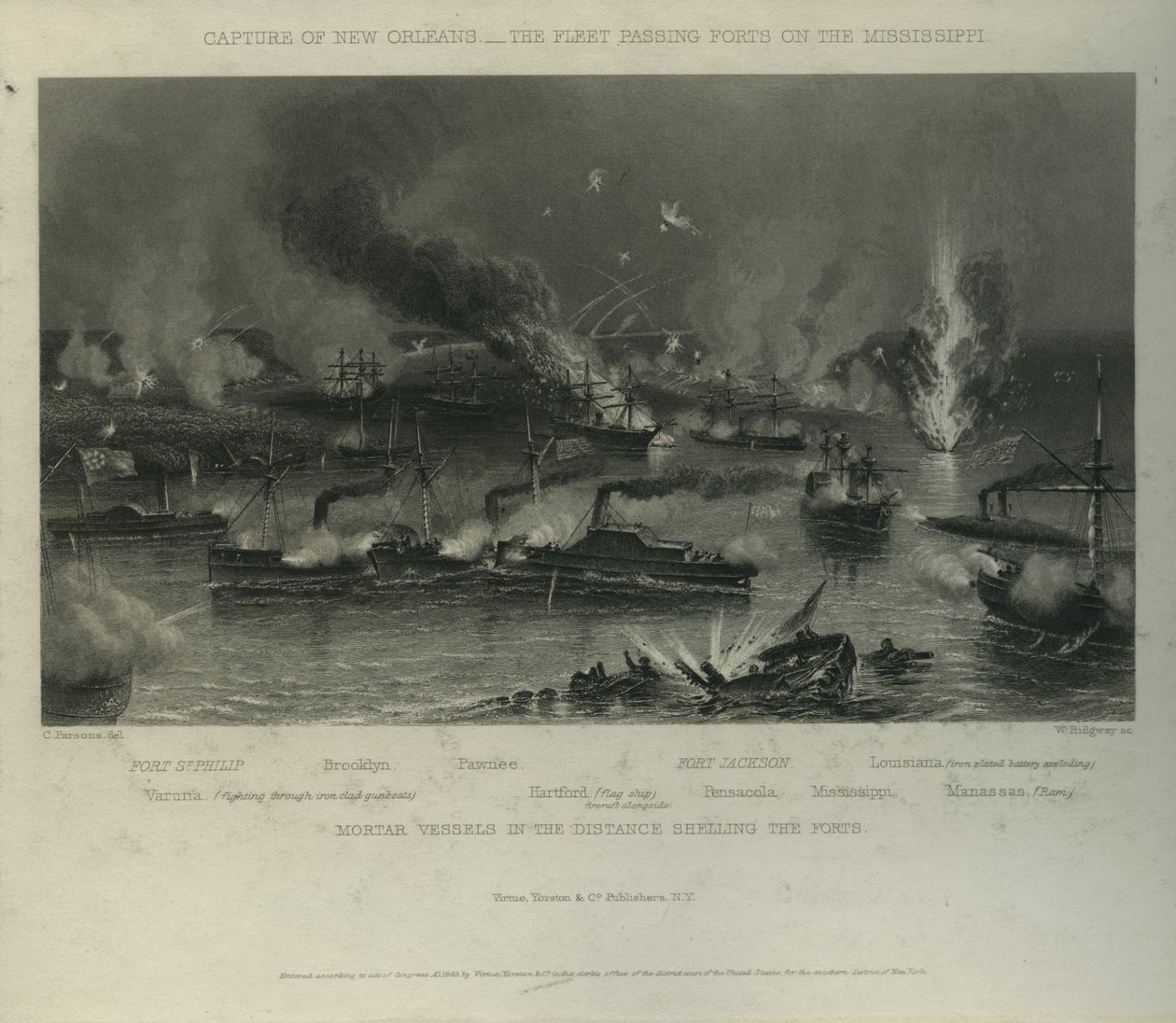 Capture de la Nouvelle-Orléans : La flotte passant les forts sur le Mississippi, c.1862 - Charles Parsons