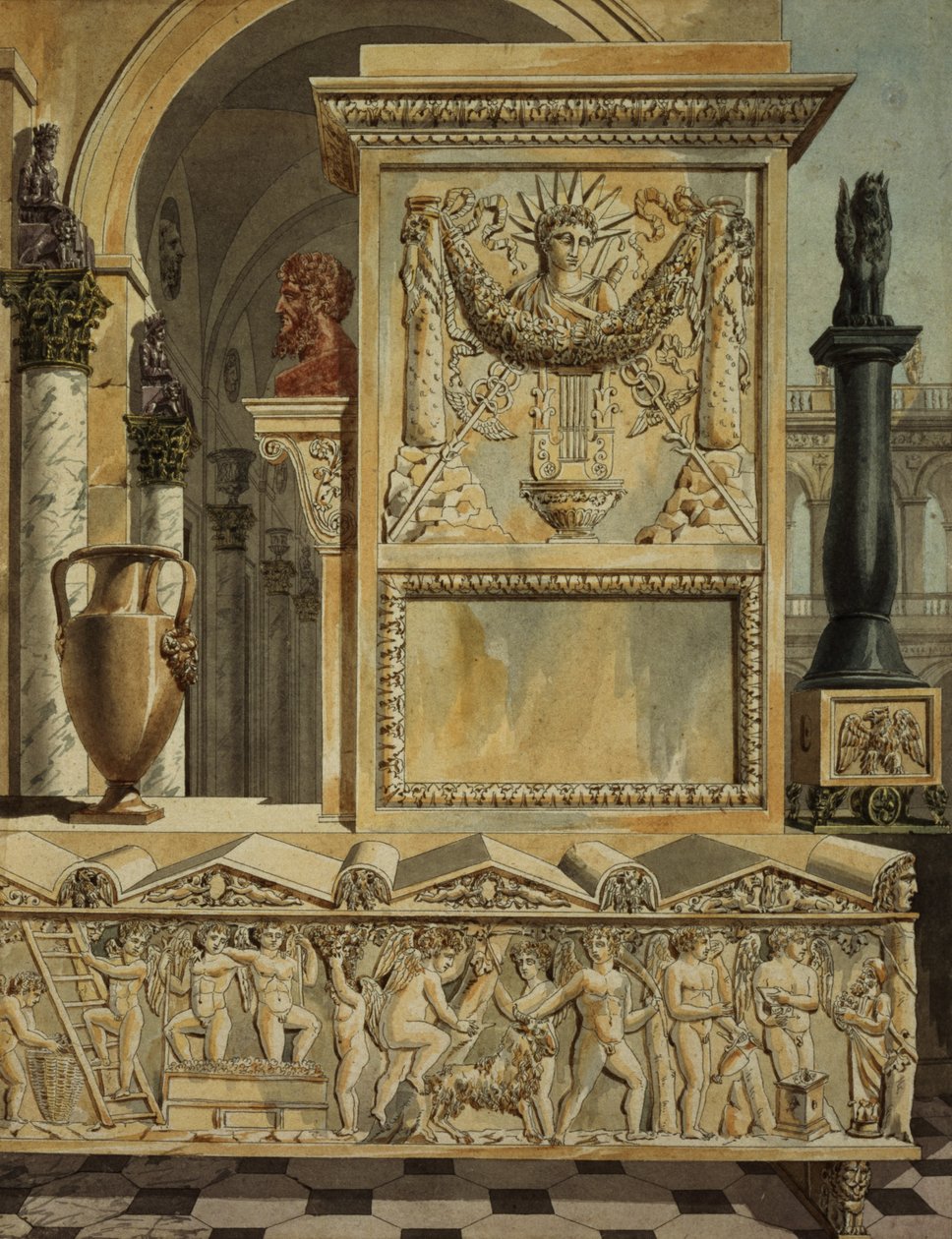 Un caprice classique avec un sarcophage, design pour une page de titre de 