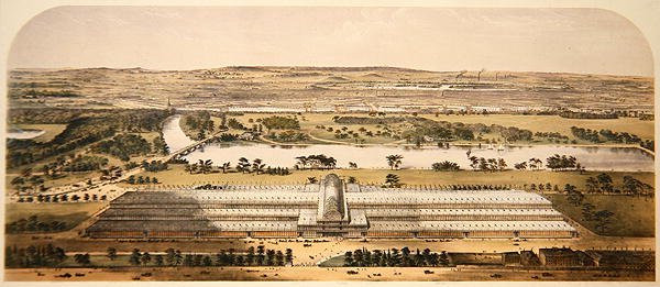 Vue aérienne du bâtiment pour la Grande Exposition, publiée par Ackermann & Co. - Charles (after) Burton