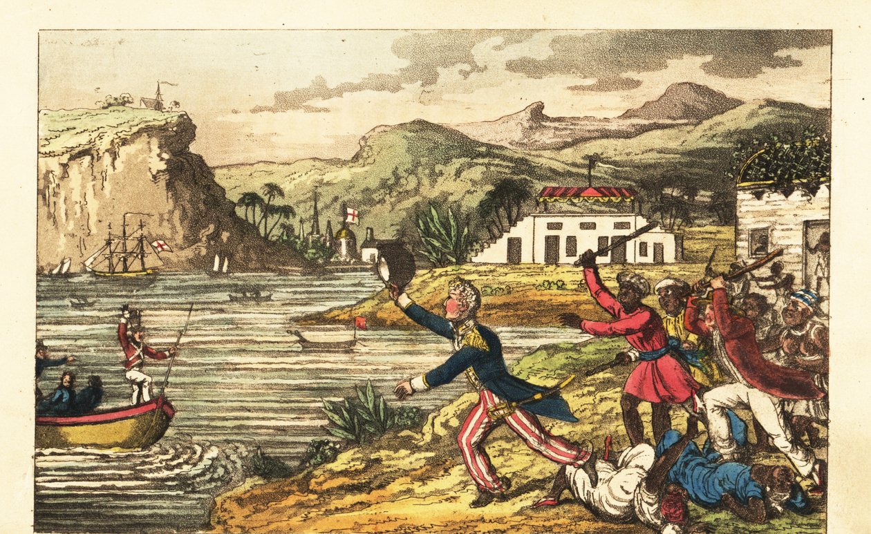 Officier de la marine anglaise fuyant un planteur en colère et des hommes esclaves brandissant des gourdins en Jamaïque - Charles (c.1797 1850) (after) Williams