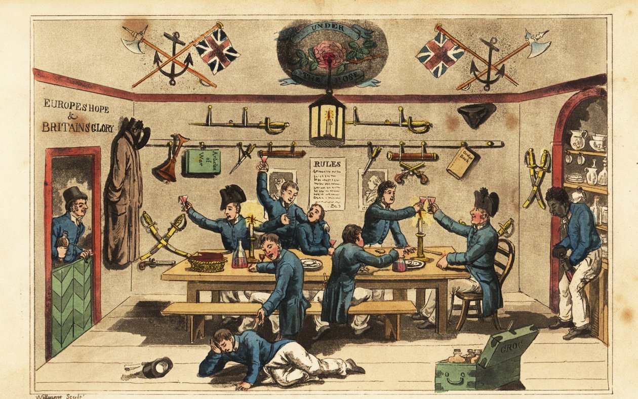 Johnny Newcome apportant du rhum à ses camarades officiers dans le mess des aspirants - Charles (c.1797 1850) (after) Williams