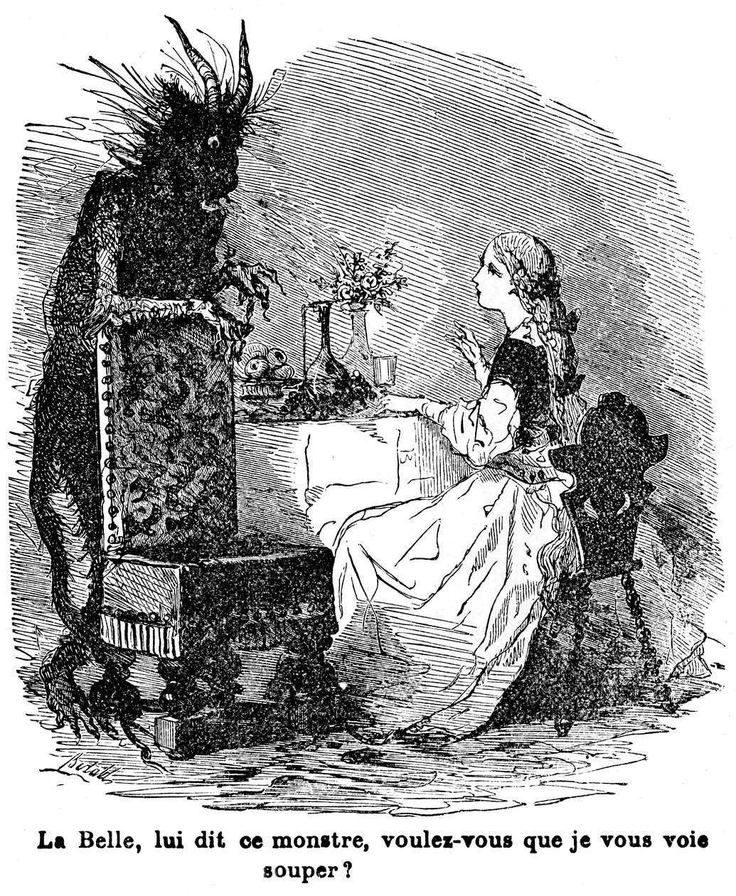 Illustration pour le conte de Mme Jeanne Marie Leprince de Beaumont « La Belle et la Bête », XIXe siècle - Charles Albert dArnoux Bertall