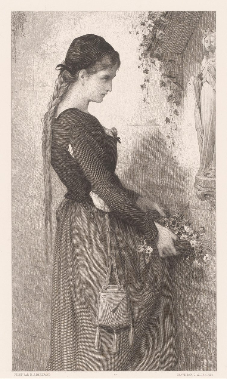 Jeune femme apportant des fleurs à une niche avec une statue de Marie - Charles Alphonse Deblois