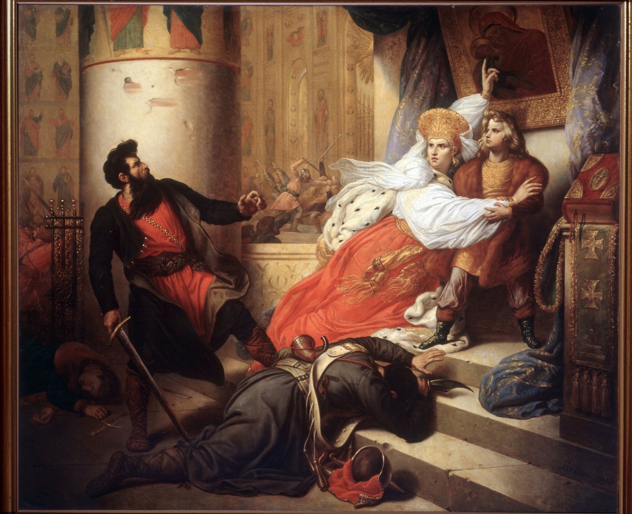 La mère secourant Pierre I de Russie, enfant, pendant le soulèvement de Streltsy en 1682 - Charles Auguste Steuben