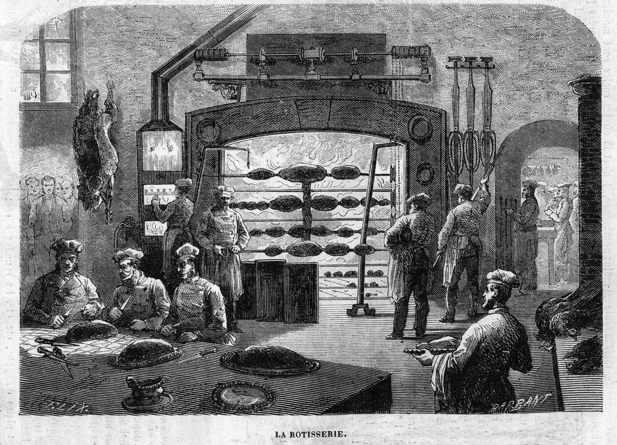 La Rôtisserie des cuisines du Palais des Tuileries, en 1864. Gravure de F. Lix et Barbant d