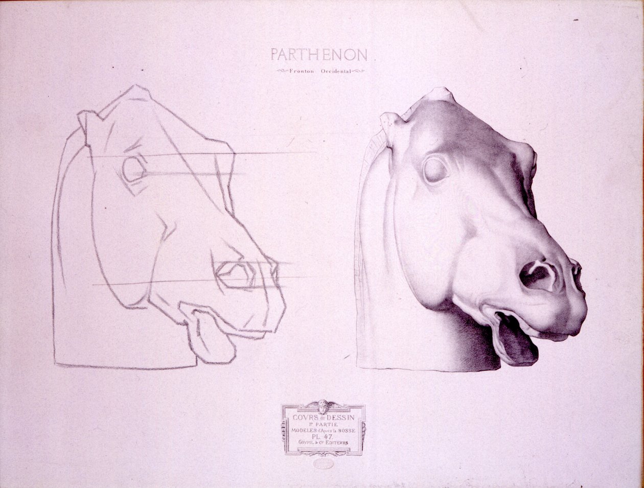 Tête de cheval du fronton ouest du Parthénon, planche 47 du Cours de Dessin, c.1898 - Charles Bargue
