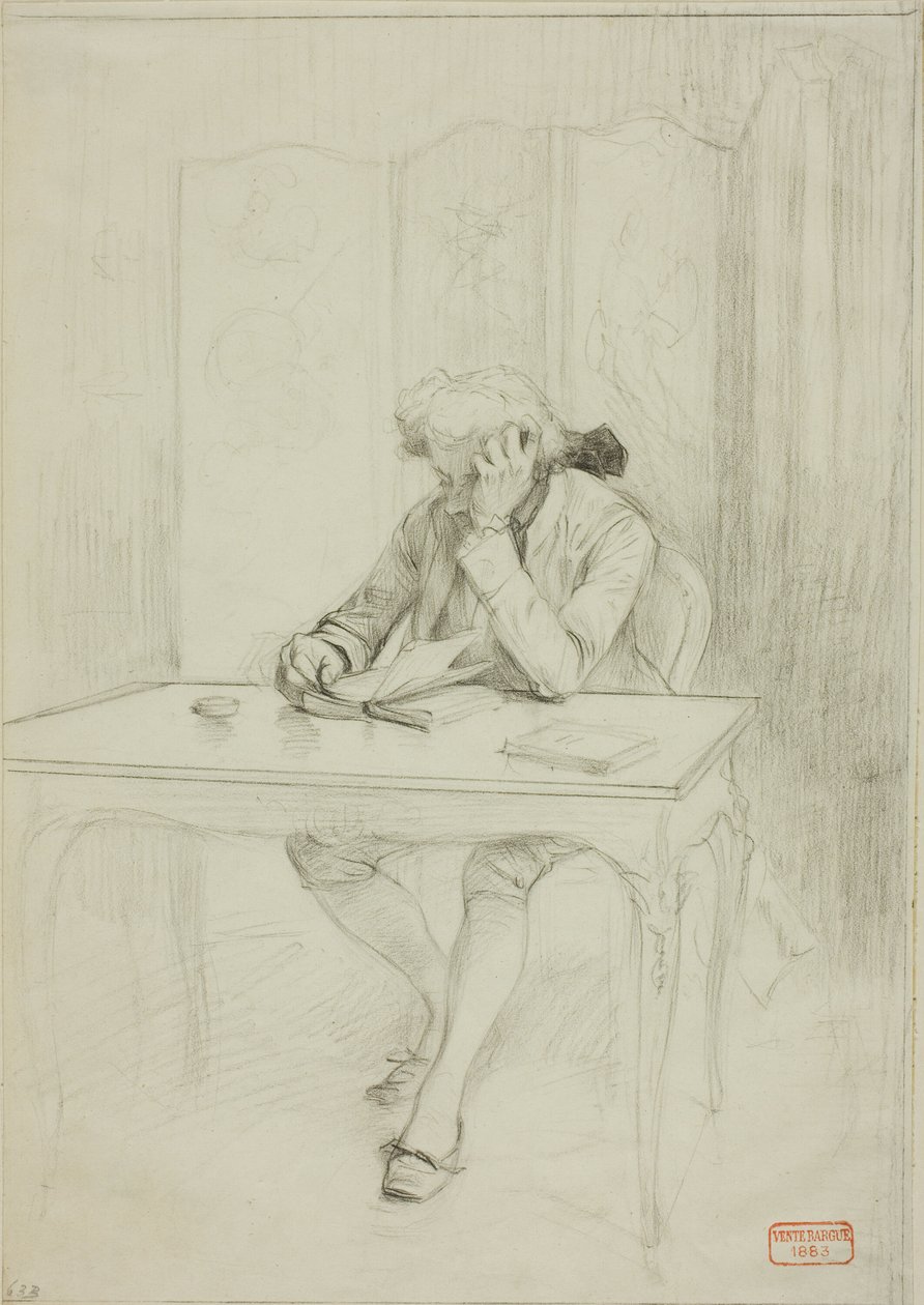 Homme en costume du XVIIIe siècle, assis à une table et lisant - Charles Bargue