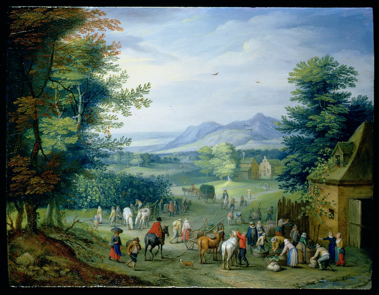 La récolte des raisins, personnages dans un paysage campagnard - Charles Beschey