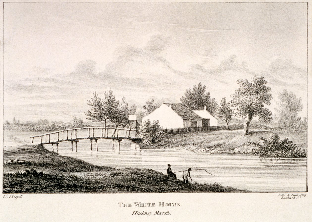 La Maison Blanche sur les rives de la rivière Lea, Hackney Marsh, Londres, c. 1830 - Charles Bigot