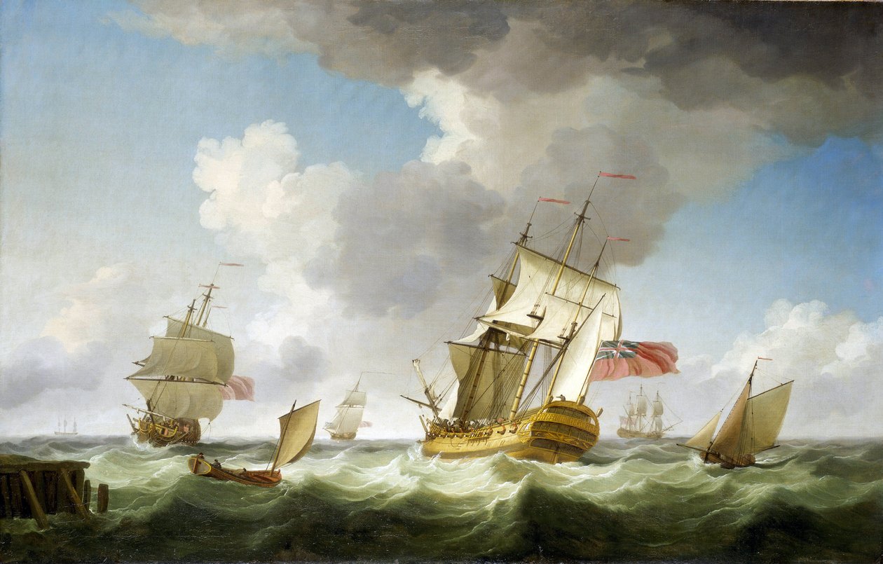 Un navire marchand de la Compagnie britannique des Indes orientales par vent fort, près de la jetée qu