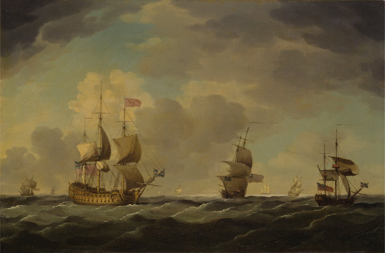 Un vaisseau amiral anglais sous voile facile par une brise modérée - Charles Brooking