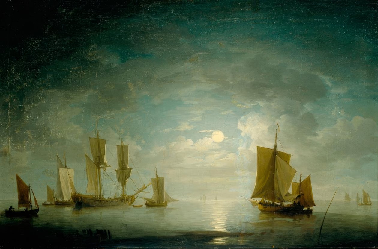 Frégate anglaise et embarcation côtière au clair de lune - Charles Brooking
