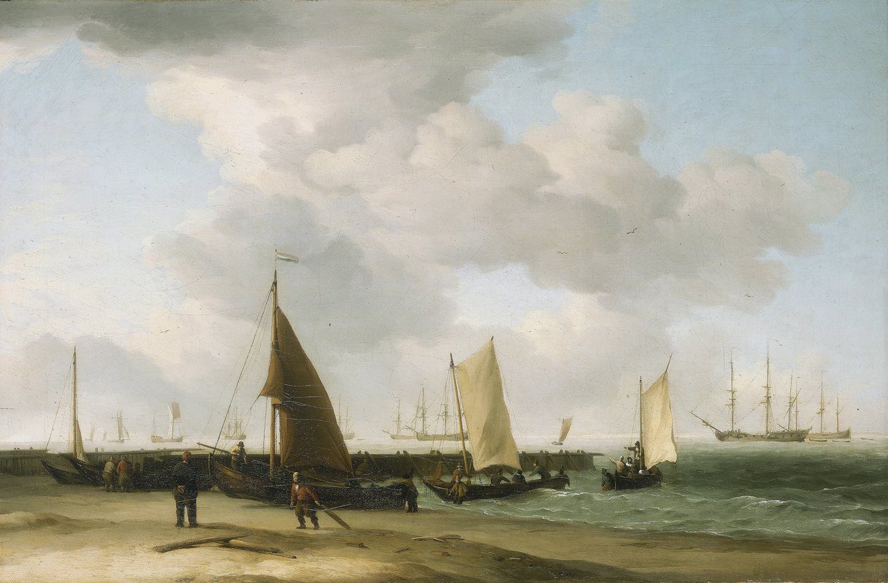 Scène sur le rivage, avec un bâtiment de guerre à l