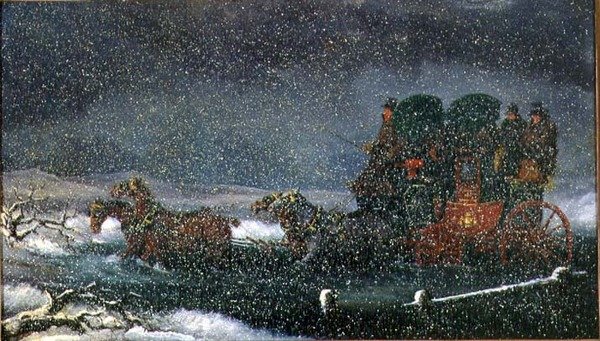 Une diligence traversant un ruisseau dans une tempête de neige - Charles Cooper Henderson