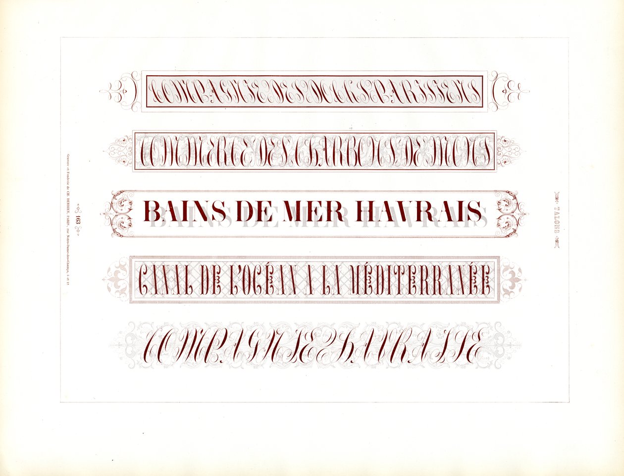 Lignes de titre calligraphiées dans une écriture ornementale (impression) - Charles Derriey