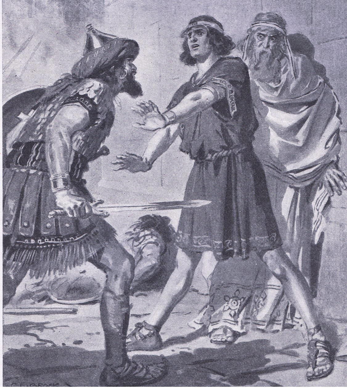 La vie de Crésus sauvée par son fils muet, de My Magazine, pub. 1922 (lithographie) - Charles Edmund Brock