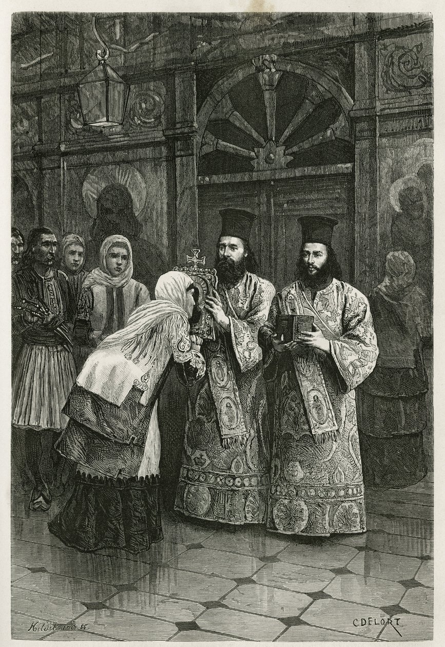 Prêtres donnant à baiser les images saintes, gravure par Ch. Delort, pour illustrer le voyage d
