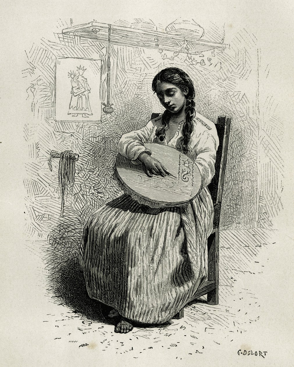 La brodeuse, à Salento, région du Quindio (Colombie), gravure par Ch. Delort, pour illustrer le récit de l