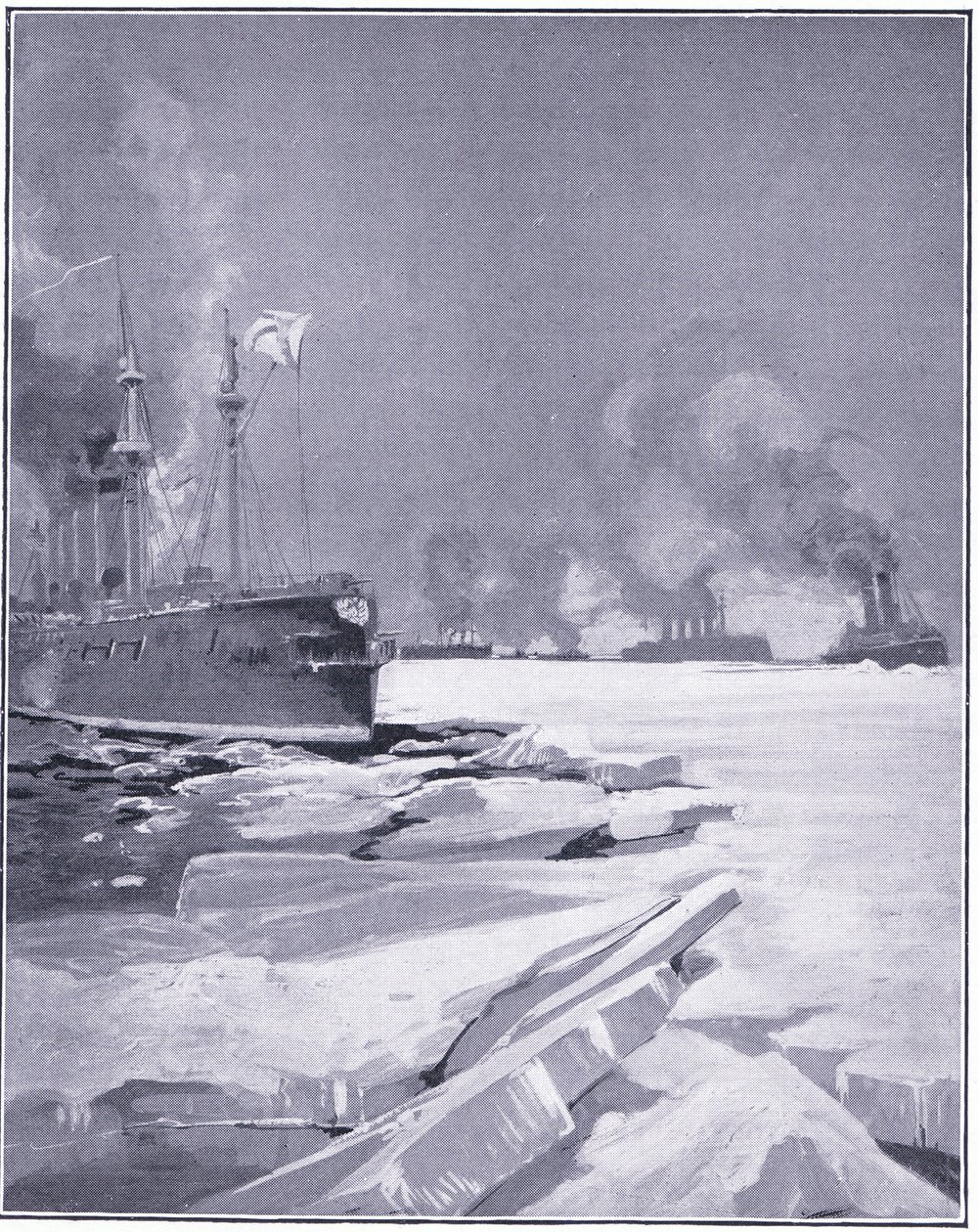 Escadron de Vladivostok se frayant un chemin à travers la glace hors du port de Vladivostok, illustration de l