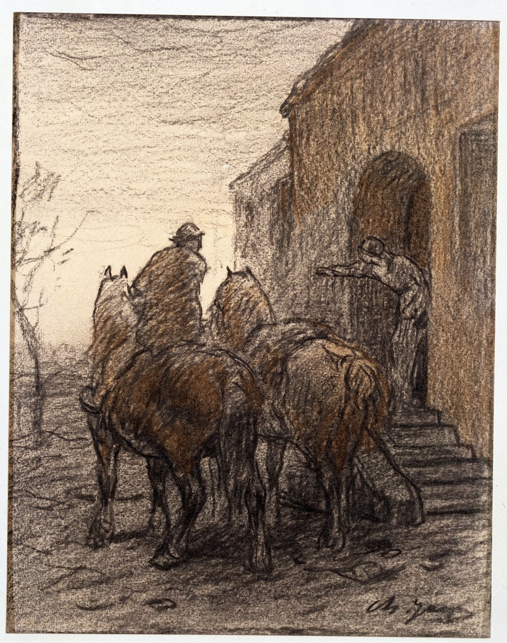 Paysans avec deux chevaux et une femme indiquant le chemin - Charles Emile Jacque