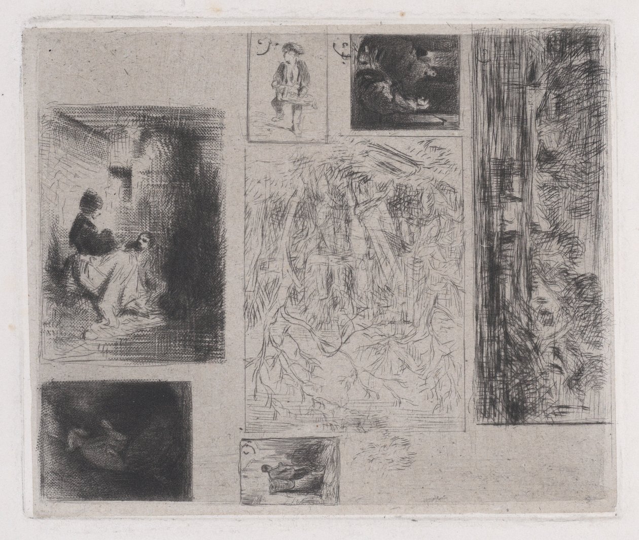 Planche composite : Femme et enfants a, Vieux musicien b, Marchand de friture c, Paysage ..., 1843 - Charles Emile Jacque