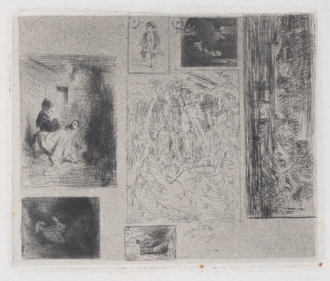 Planche composite: Femme et enfants a, Vieux musicien b, Marchand de friture c, Paysage ..., 1843 - Charles Emile Jacque