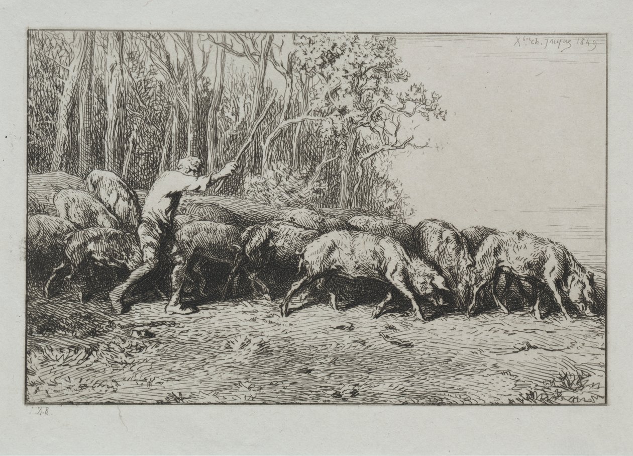 Troupeau de cochons quittant une forêt - Charles Emile Jacque