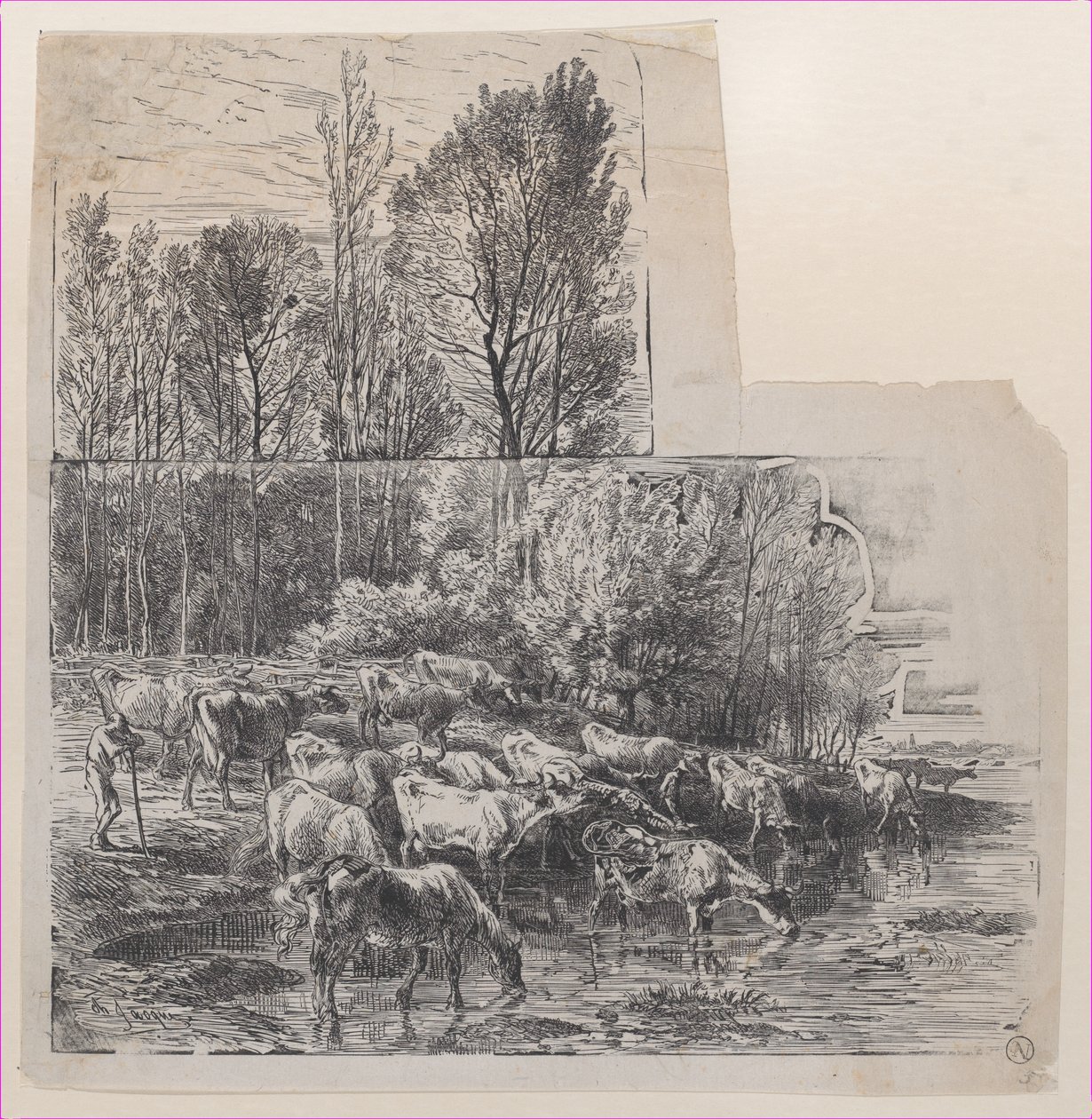 Bouvier et bétail au gué, vers 1850 - Charles Emile Jacque
