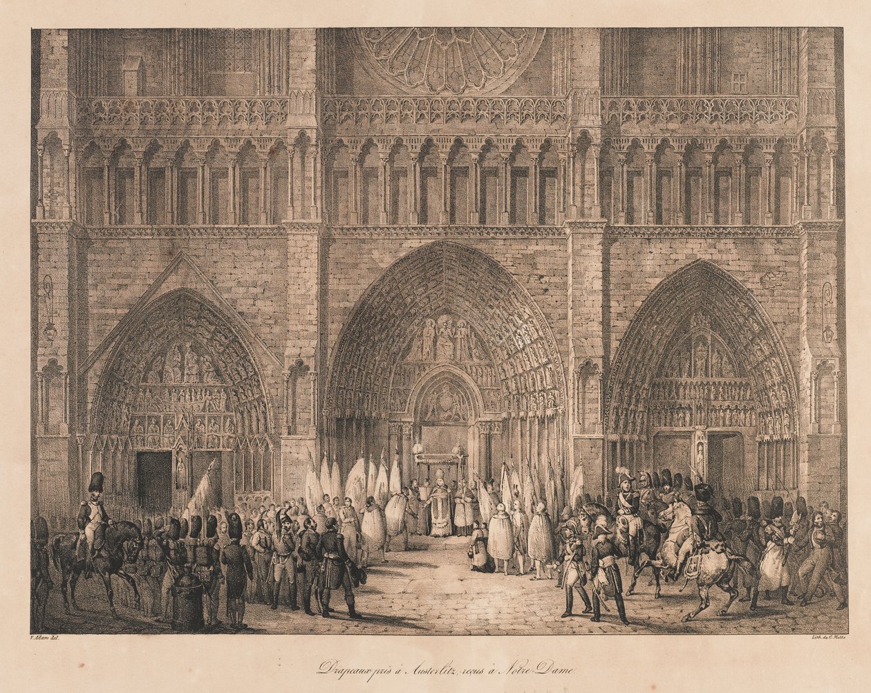 Drapeaux pris à Austerlitz reçus à Notre Dame, début du 19ème siècle (lithographie) - Charles Etienne Pierre Motte